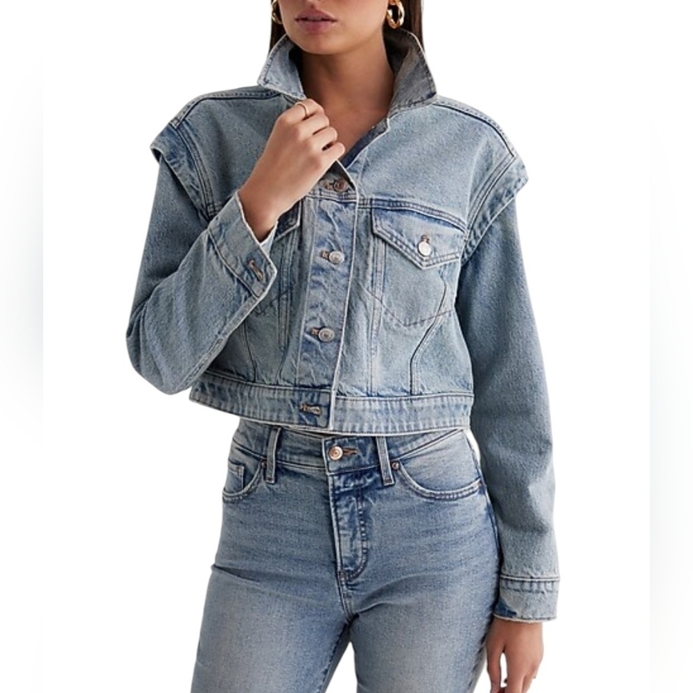 Express Women's Blue Layered Cap Sleeve Cropped Denim Jean Jacket  Size Large